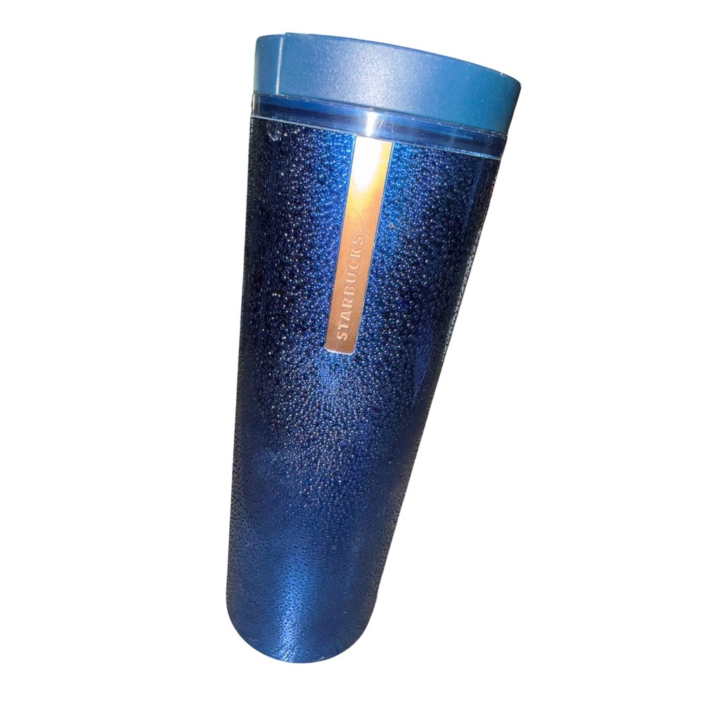 Starbucks Blue Textured Water Droplet Travel Tumbler 16oz 2013 Navy Gold Logo